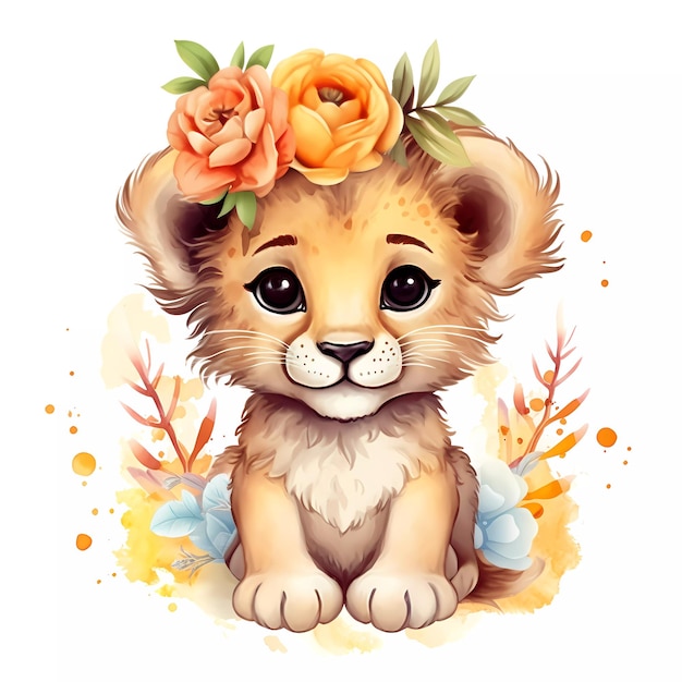 Desenho em aquarela de um lindo bebê leão