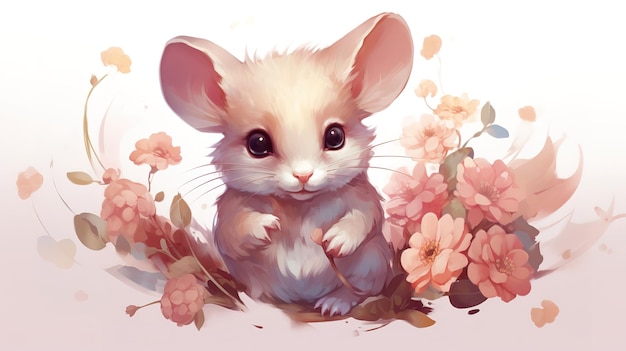 desenho em aquarela de um ratinho muito fofo com orelhas grandes e uma flor nas patas