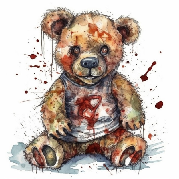 Desenho em aquarela de um urso com uma camisa com o número 4 estampado.