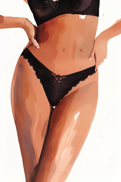 Desenho em aquarela de uma elegante garota sexy e magra em lingerie Generative AI
