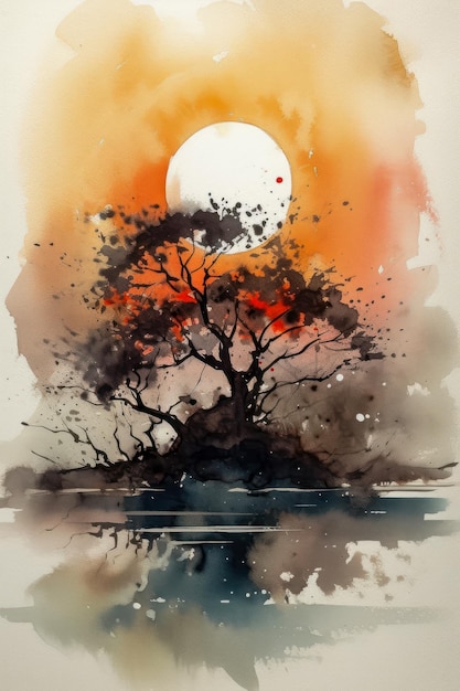Desenho em aquarela de uma pequena ilha ao pôr do sol