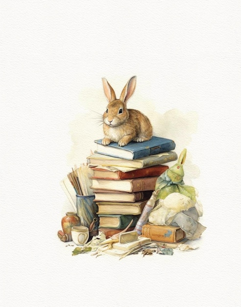 desenho em aquarela de uma pilha de livros e um material escolar de coelho