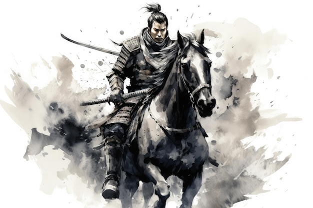 Desenho em aquarela preto e branco de um samurai em armadura galopando em um cavalo