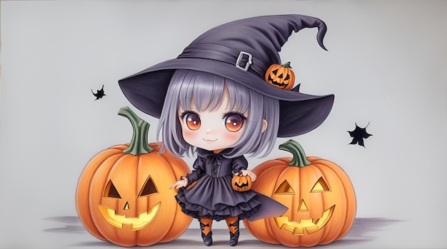 Desenho em lápis colorido corpo inteiro bruxa de Halloween estilo Chibi segurando uma abóbora em um fundo branco simples AI Generative