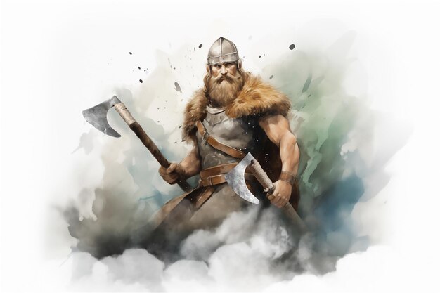 Desenho em lápis e aquarela de guerreiro viking com barba em capacete com machado e escudo ai