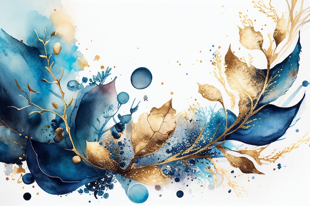 Desenho em papel com aquarelas de flores de plantas e folhas em tintas azuis e douradas Generative AI