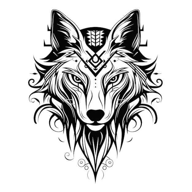 Desenho em preto e branco da cabeça de lobo IA generativa