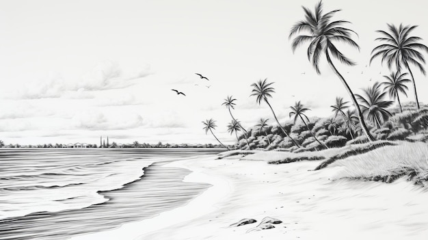 Desenho em preto e branco de bebês brincando numa praia prístina