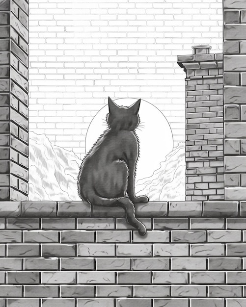 desenho em preto e branco de um gato sentado em uma parede de tijolos