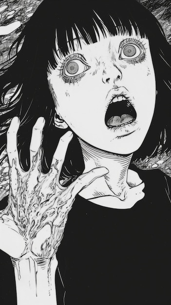 Desenho em preto e branco de uma garota segurando a mão até o rosto