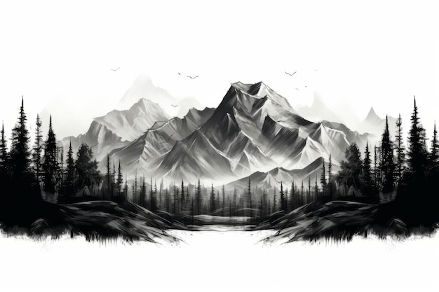 Foto desenho em preto e branco de uma montanha com árvores
