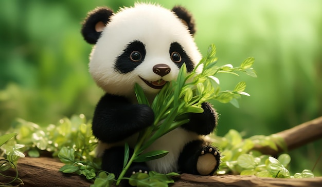 Desenho engraçado de bebê panda gigante comendo bambu gerado por IA
