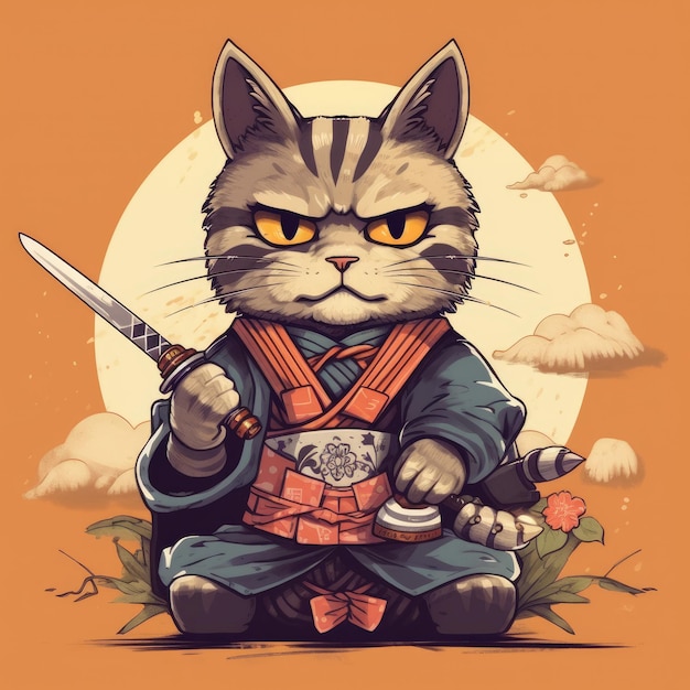 Desenho Engraçado do Gato Samurai