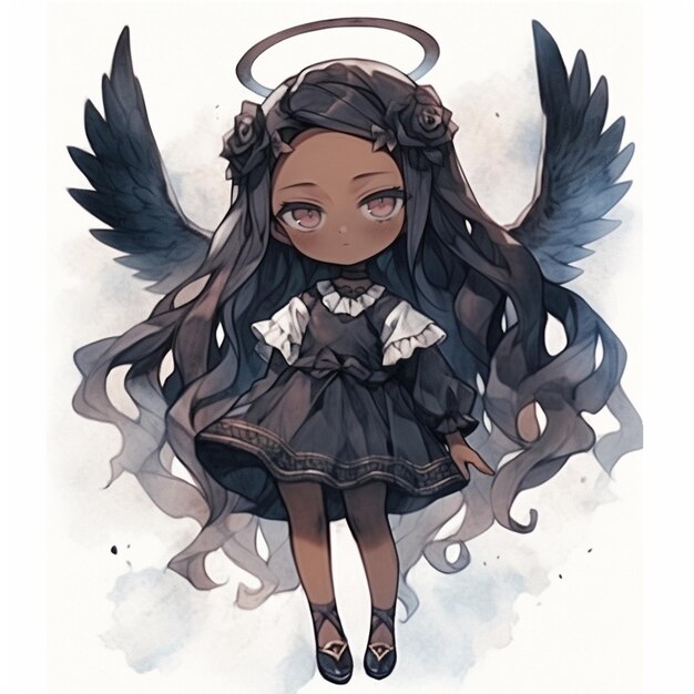 Desenho estilo anime de uma garota com asas de anjo e um vestido generativo  ai