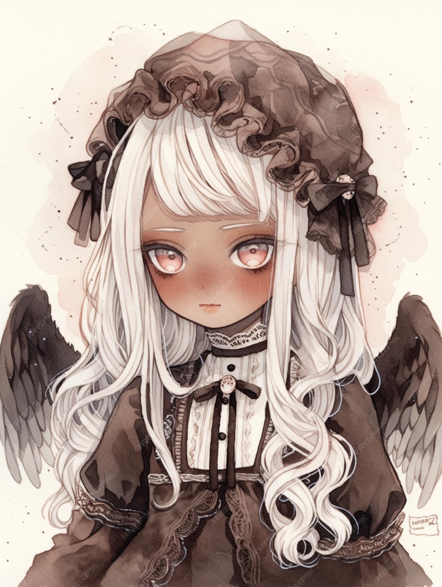 Desenho estilo anime de uma garota com cabelo branco e asas de anjo  generativas ai