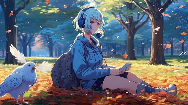 Desenho estilo Animemanga de uma jovem sentada na grama lendo e ouvindo música lofi