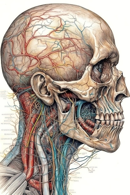 Desenho estilo vintage de um crânio humano com o sistema de sangue Generative AI