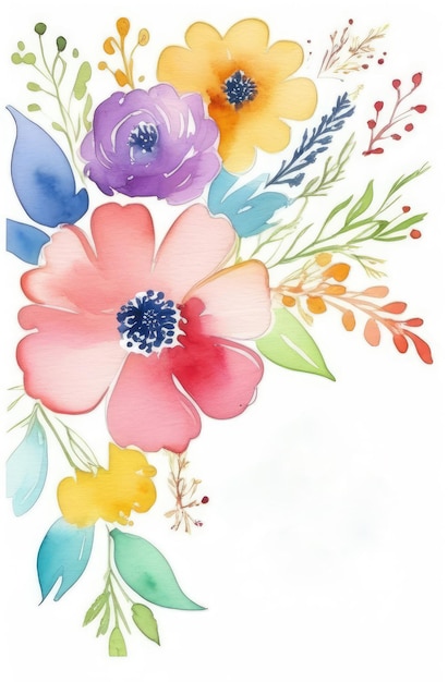 desenho floral com copyspace em fundo branco ilustração colorida em aquarela de flores de campo