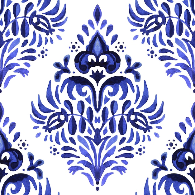Desenho floral de damasco azul desenhado à mão. Padrão de pintura aquarela ornamental sem costura abstrata para tecido e telha cerâmica.