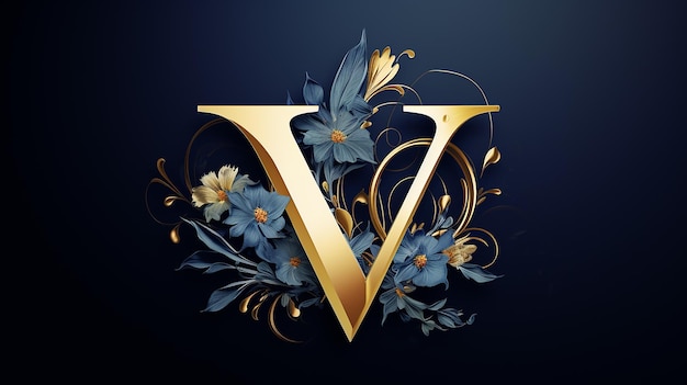 Desenho floral de logotipo genérico com a letra V dourada em fundo azul marinho isolado