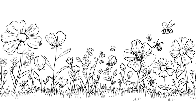 Desenho gracioso em preto e branco de uma variedade de flores e abelhas
