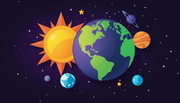 Foto desenho gráfico vetorial do ícone da terra e do sol em planetas da galáxia
