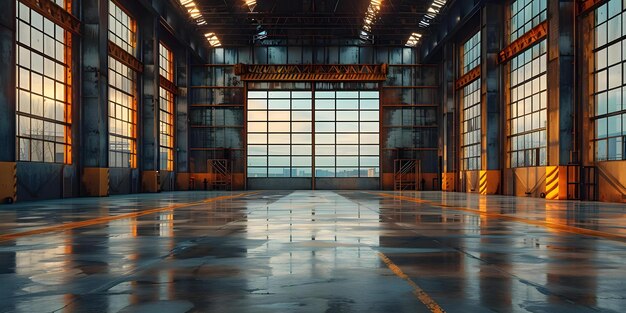 Foto desenho industrial moderno com uma porta de rolos e piso de concreto polido em um armazém de fábrica ou hangar conceito desenho industrial porta de rolos piso de concreto polido armazém de fábrica