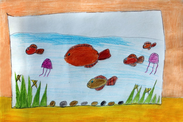 Desenho infantil multicolorido com peixes no aquário