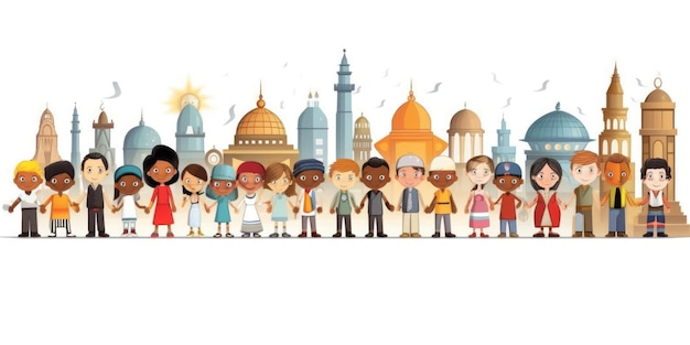 Desenho infantil multicultural diverso com o horizonte da cidade de marcos mundiais em fundo branco lindo Generative AI AIG32