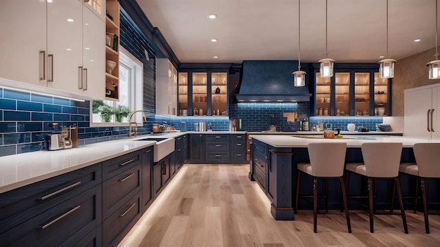 Desenho interior de cozinha azul moderna de luxo armários brancos e parede azul3drender