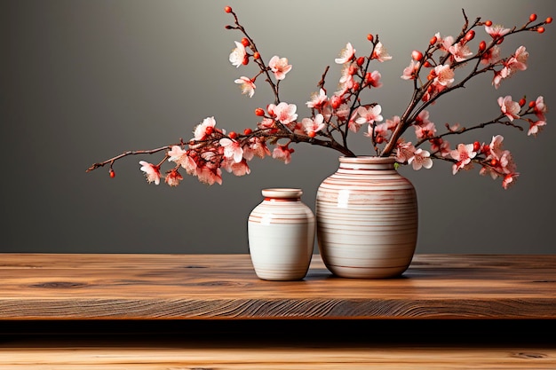 Desenho interior de uma sala moderna com um vaso de galhos secos, uma mesa de madeira, um vaso e um vaso com flores