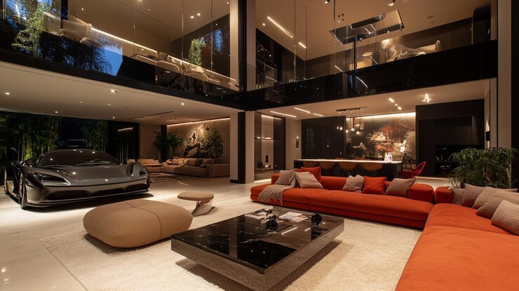 Foto desenho interior moderno de luxo com uma garagem de carro