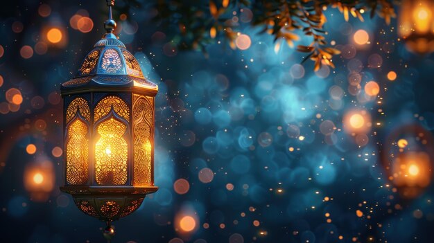 Desenho islâmico de Eid mubarak com fundo de lanterna dourada