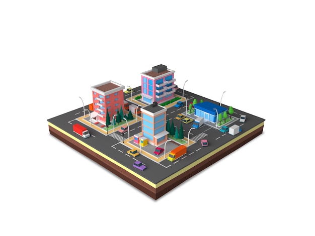 Desenho isométrico paisagem de cidade de baixo poli renderização 3d