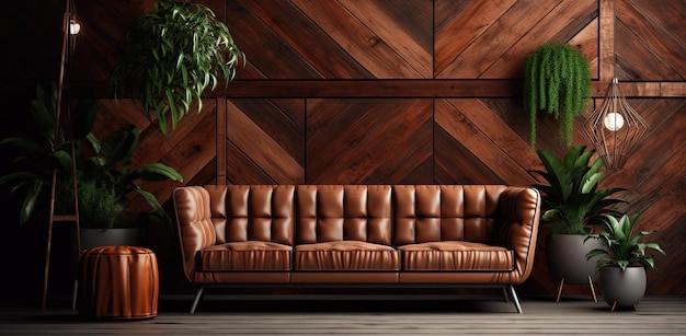 Desenho luxuoso de uma sala de estar com um sofá de couro em um ambiente decorado com madeira