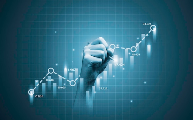 Foto desenho manual de gráfico técnico virtual e gráfico para análise de trader do mercado de ações usa investimento em tecnologia e conceito de investimento em valor