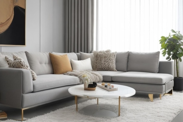 Desenho moderno de sala de estar com sofá confortável e decoração elegante