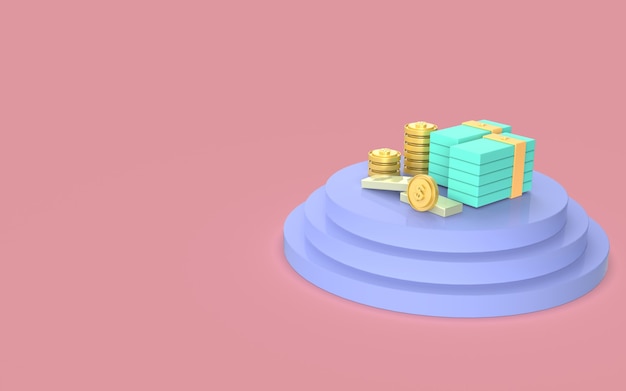 Desenho moeda dinheiro ouro display ilustração bonito negócio financeiro marketing renderização em 3d