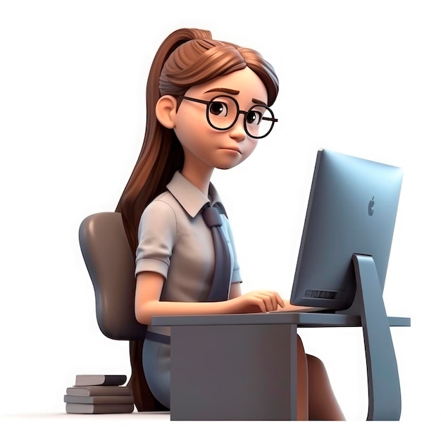 Foto desenho no estilo de desenho animado 3d menina no computador