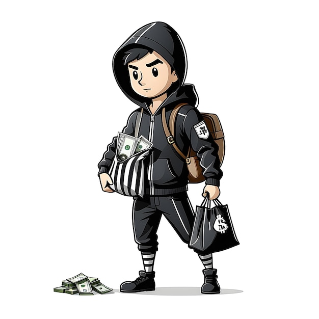 desenho no quadro branco de um ladrão com um saco cheio de dinheiro