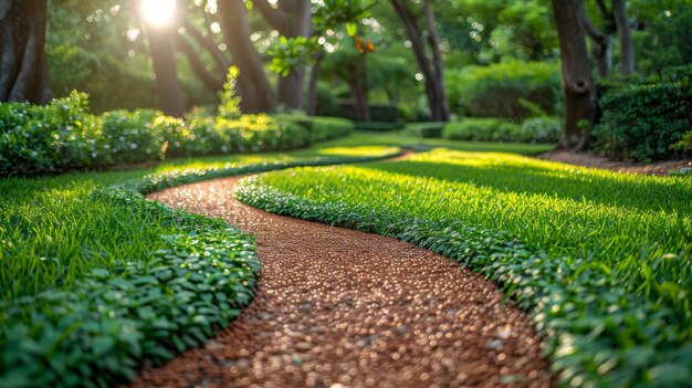 Desenho paisagístico de caminhos para caminhadas e gramados verdes no parque de verão