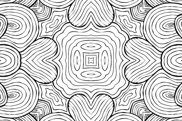 Desenho para colorir antistress, desenho de flor simétrica preto e branco. fundo floral monocromático. ornamento desenhado à mão com flores, livro para colorir relaxante. desenho meditativo de mandala de cachos