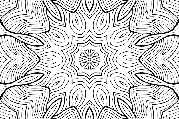 Desenho para colorir página anti-stress, desenho de flor simétrica preto e branco. fundo floral monocromático. mão desenhada ornamento com flores, livro de colorir relaxante. desenho meditativo de mandala de cachos