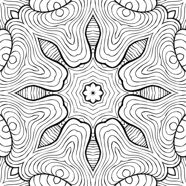 Desenho para colorir página anti-stress, desenho de flor simétrica preto e branco. Fundo Floral Monocromático. Mão desenhada ornamento com flores, livro de colorir relaxante. Desenho meditativo de mandala de cachos