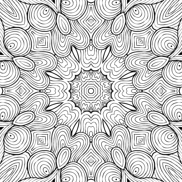 Desenho para colorir página anti-stress, desenho de flor simétrica preto e branco. fundo floral monocromático. mão desenhada ornamento com flores, livro de colorir relaxante. desenho meditativo de mandala de cachos