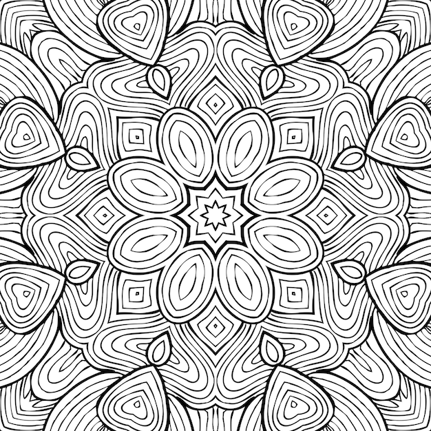 Desenho para colorir página anti-stress, desenho simétrico preto e branco da flor. Fundo Floral Monocromático. Mão desenhada ornamento com flores, livro de colorir relaxante. Desenho meditativo de mandala de cachos