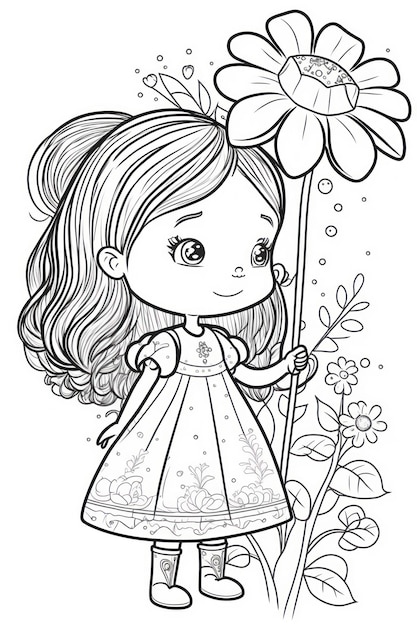 Foto desenho para colorir para crianças princesinha com flor