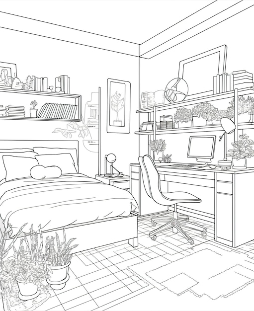 Desenho para colorir quarto de adulto decorado com cama