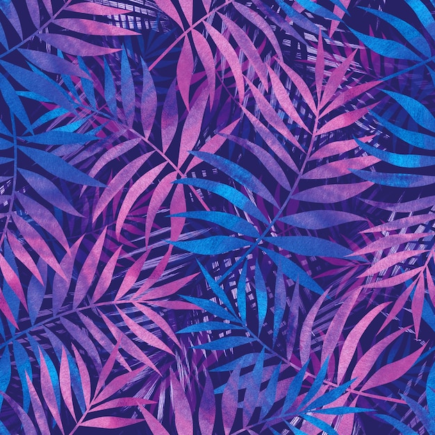 Foto desenho para textura de tecido padrão roxo sem costura com folhas de palmeira tropical desenho à mão