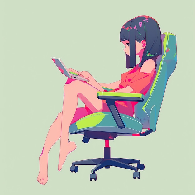 Foto desenho plano de uma mulher sentada numa cadeira com um portátil